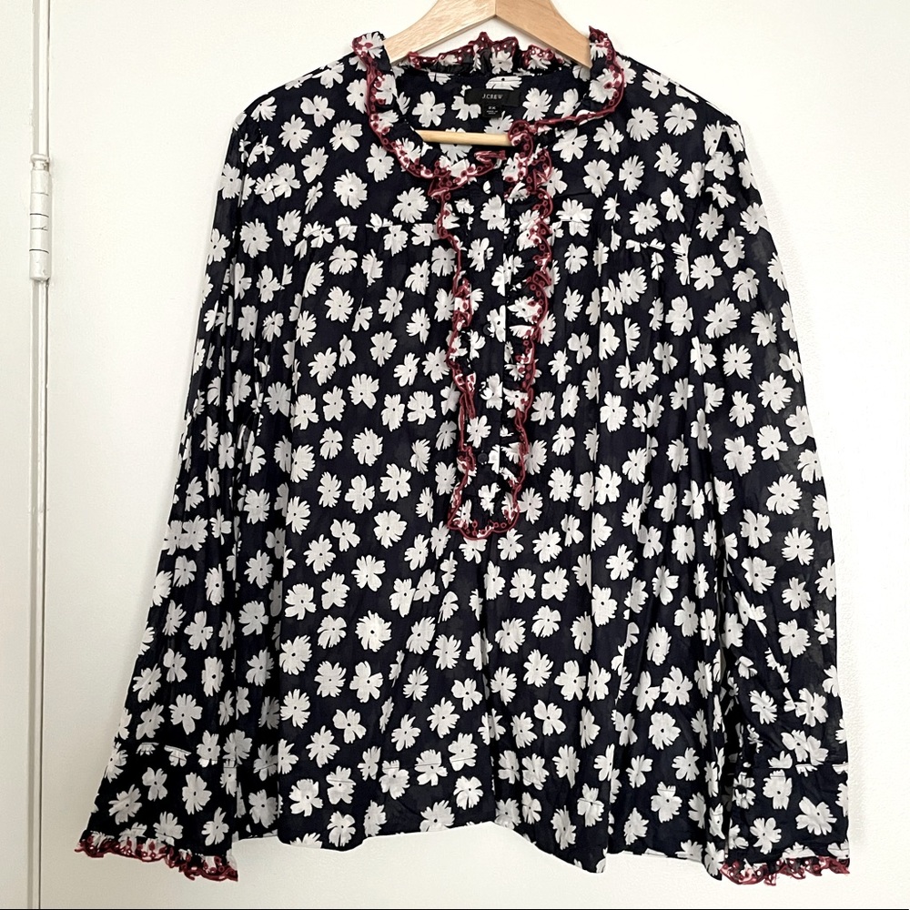 J. Crew Cotton Floral Popover with Ruffle/Embroidery